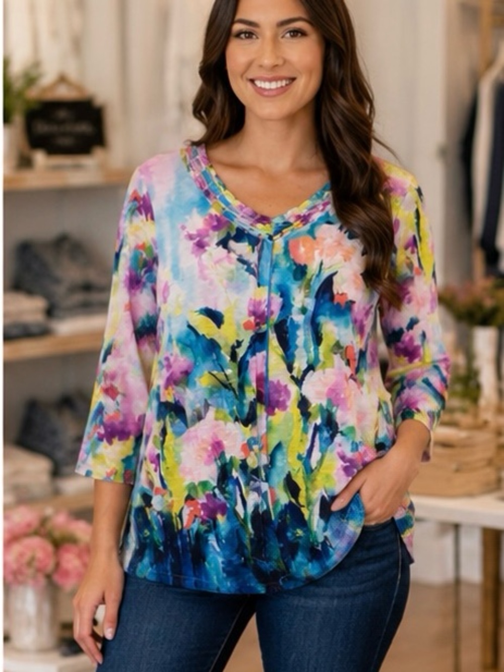 Alfred Dunner Multicolor Watercolor Floral Scoop-Neck Tunic